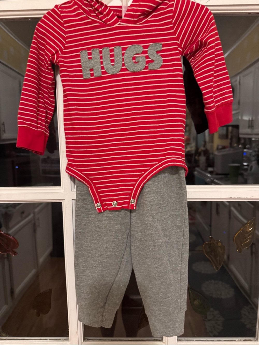 Carter's Red & White Striped 'HUGS' Hooded One-Piece with Gray Pants